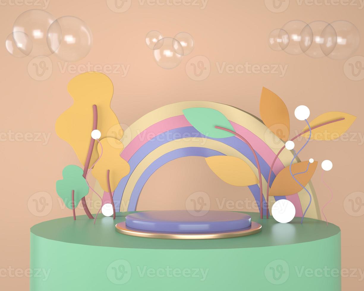 Abstract backdrop for product display, podium with trees and plants, 3d illustration photo