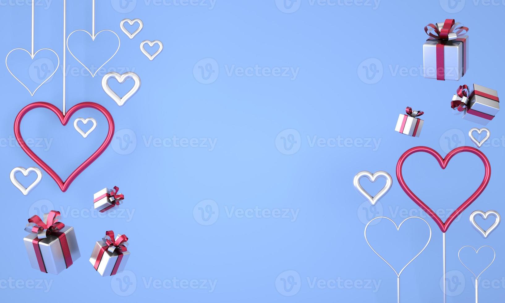 Valentine's Day. Background with realistic festive gifts box. Romantic present, hearts. 3d. photo