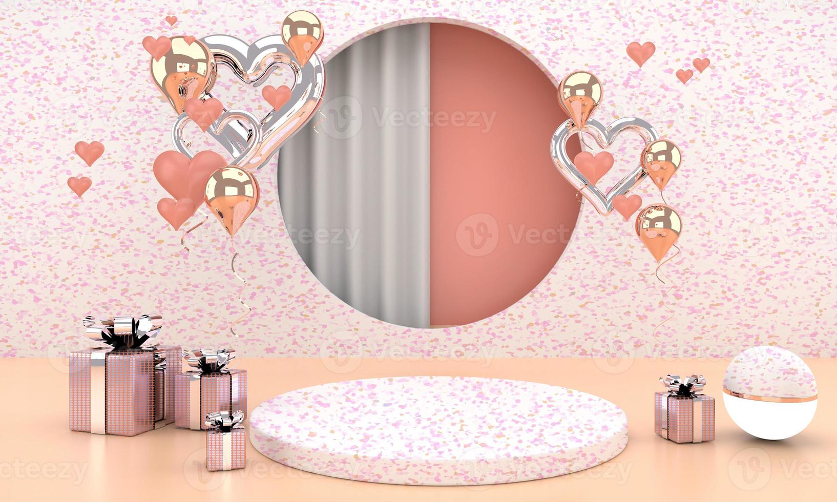 Valentine's Day interior with pedestal, hearts. Stand, podium, pedestal for goods. Love greeting card. 3d photo