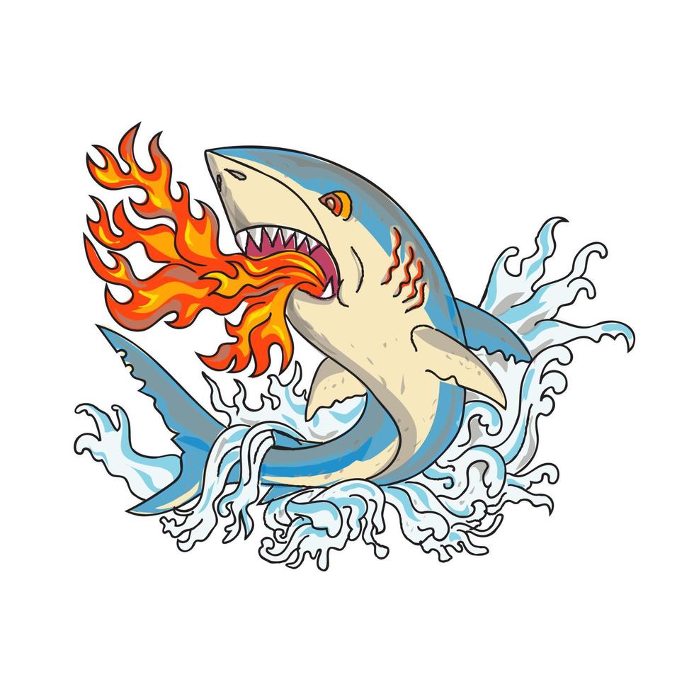 gran tiburón blanco respirando fuego saltando con olas estilo de tatuaje vintage vector