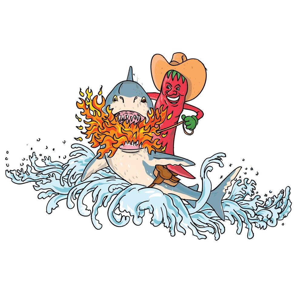 vaquero pimiento picante montando un tiburón respirando fuego saltando con olas estilo de tatuaje vintage vector