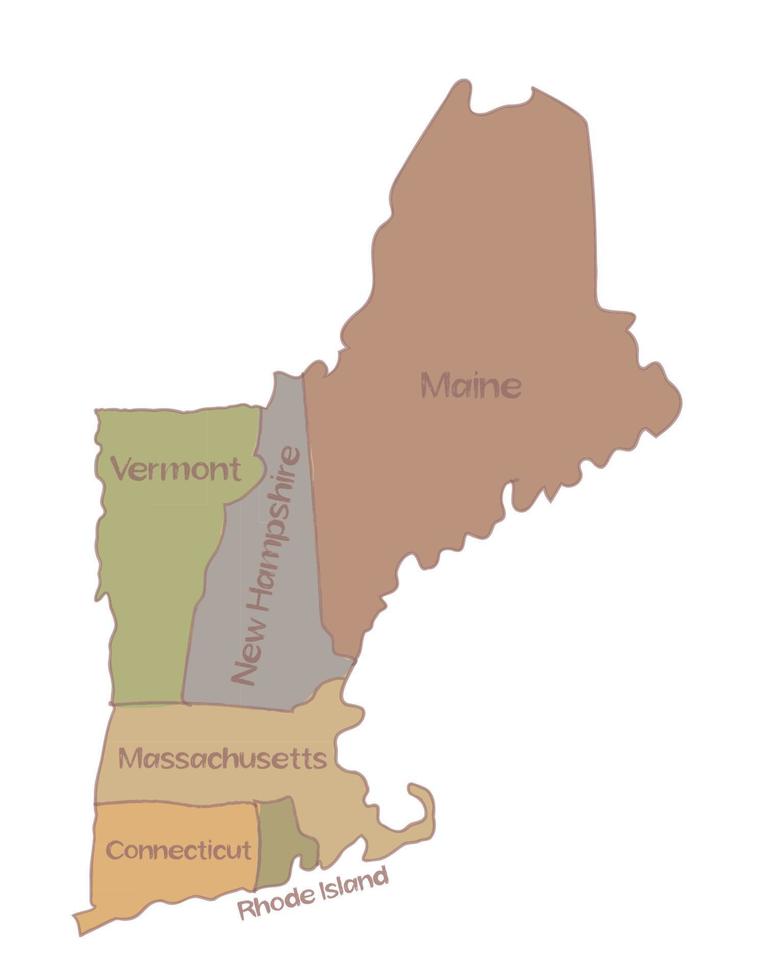 Map of the Six New England States in Northeastern United States Drawing vector