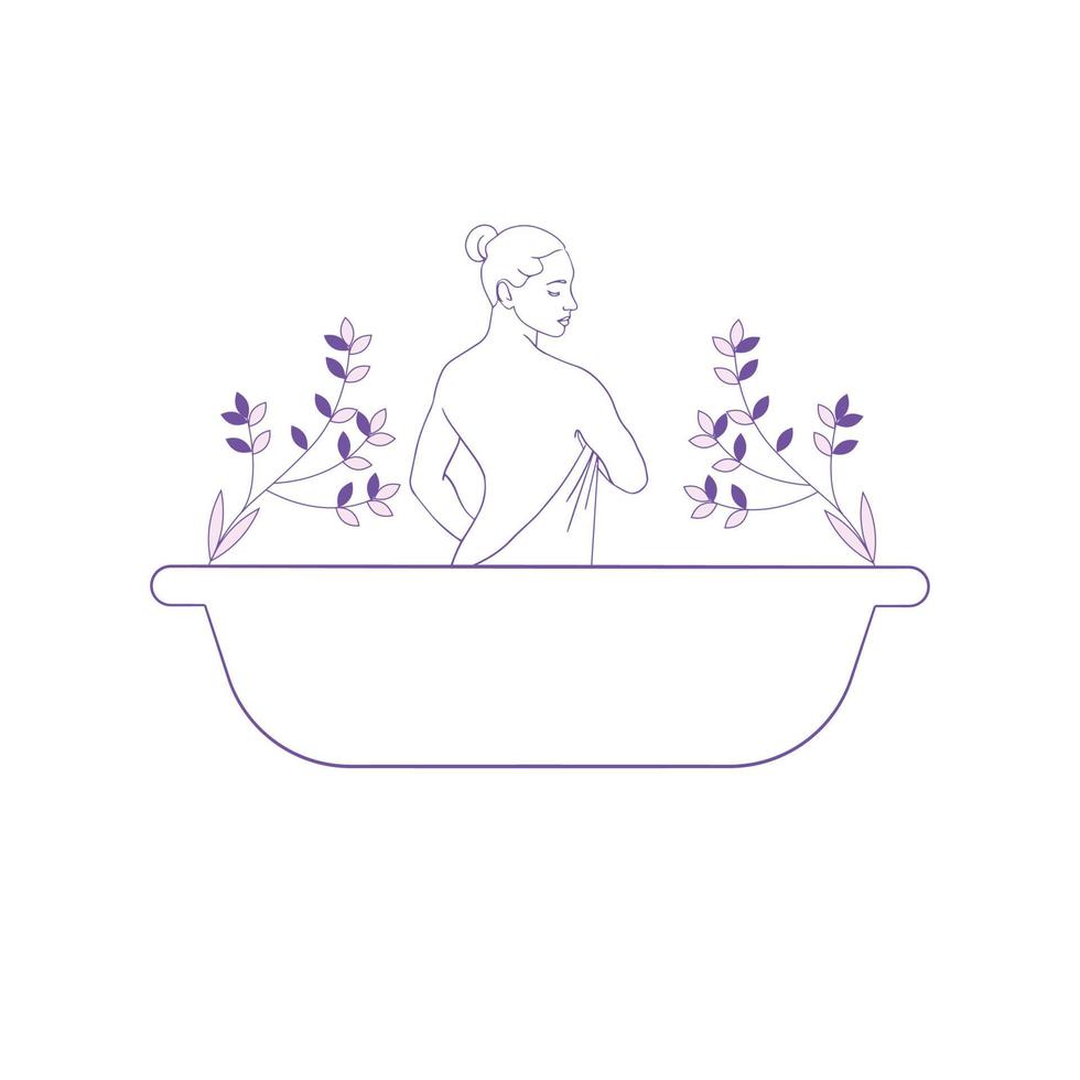 Mujer relajarse y bañarse en la bañera niña dibujada a mano en la línea de arte de la bañera vector
