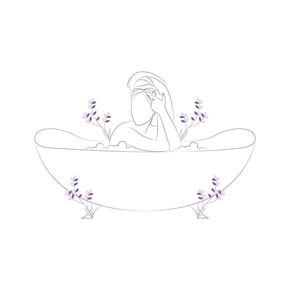 Mujer relajarse y bañarse en la bañera niña dibujada a mano en la línea de arte de la bañera vector