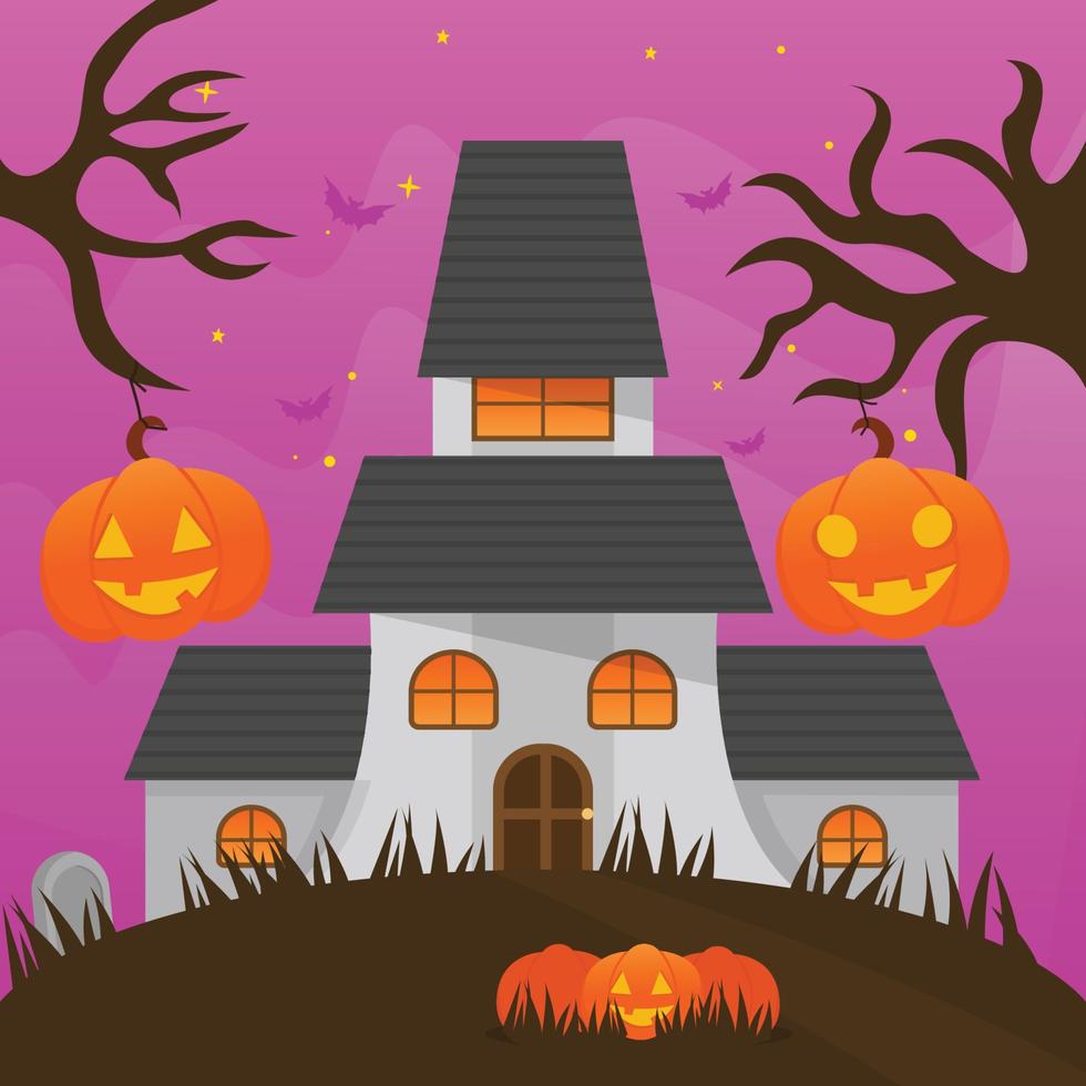 Halloween haunted house background in flat design vector