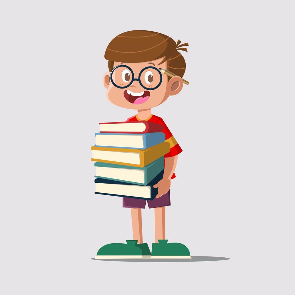 boy carry pile of books vector