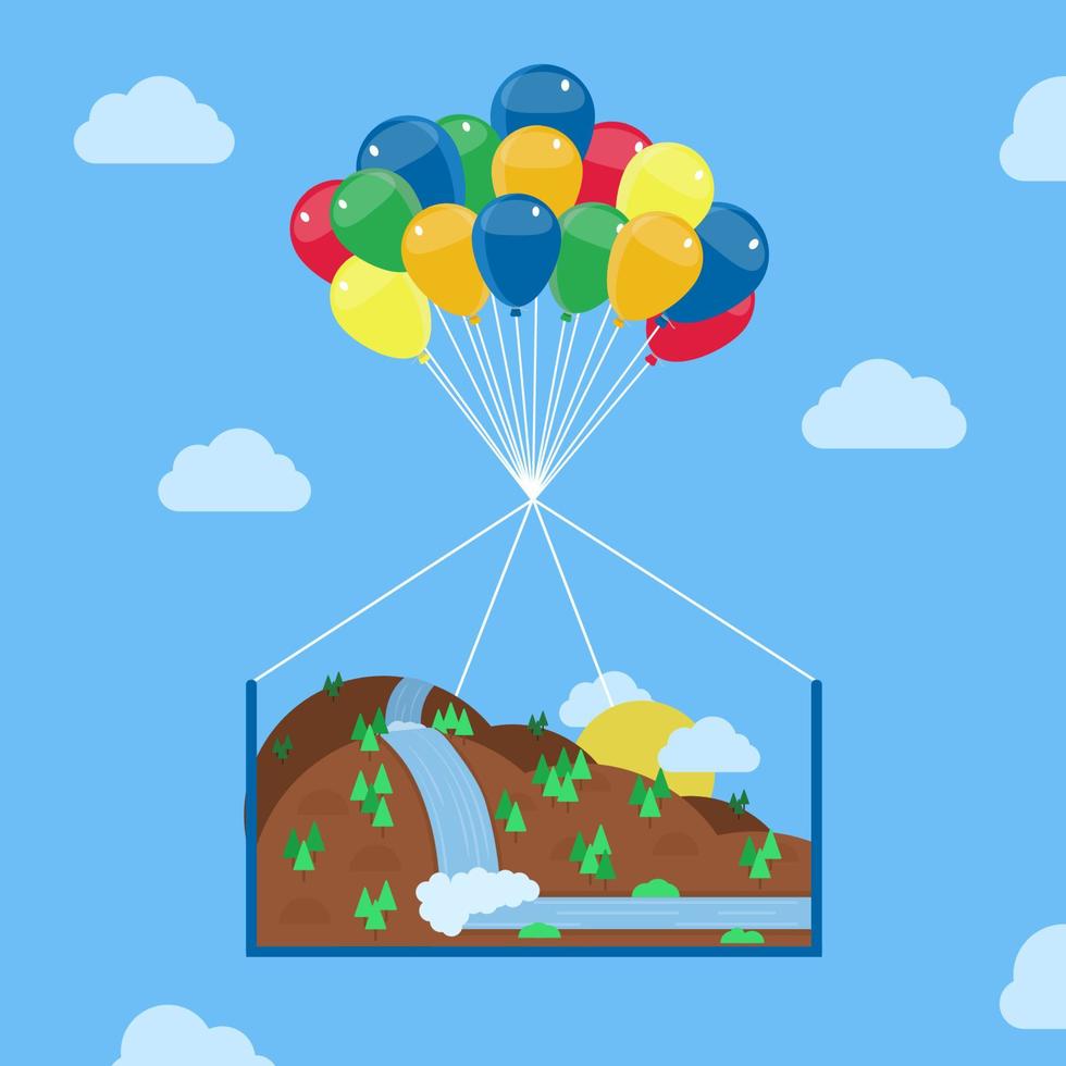 paisaje compuesto por montañas, cerros, árboles y una cascada que se eleva a los cielos mediante globos de helio. ilustración vectorial conceptual. contexto de ensueño y fantasía. vector