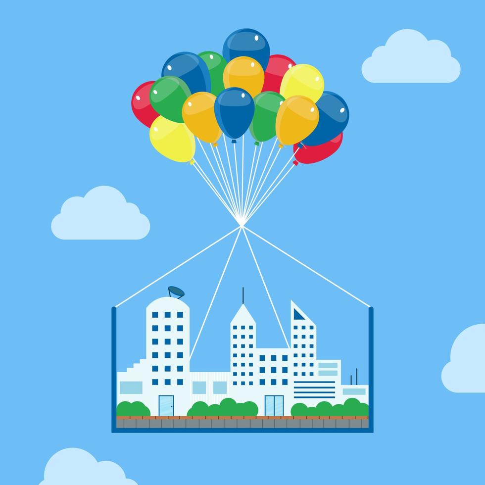 Scene of a city made up of buildings being taken to the skies by helium balloons. Conceptual vector illustration. Dream and fantasy context.