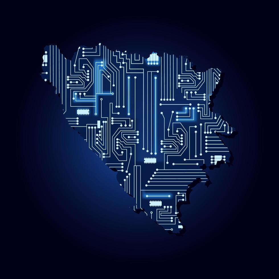 mapa de bosnia y herzegovina con circuito electrónico. mapa de contorno de bosnia y herzegovina con un circuito de electrónica tecnológica. vector