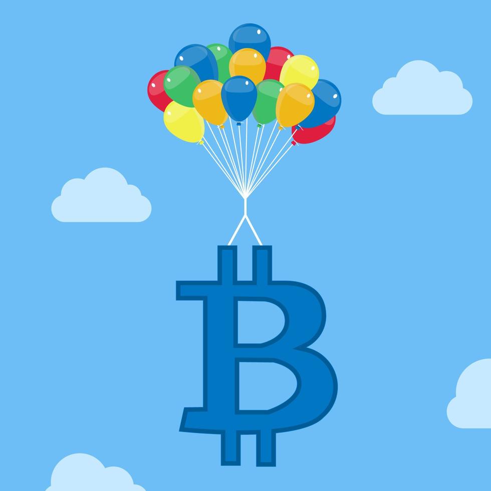 símbolo de moneda bitcoin elevándose a los cielos con globos. metáfora del aumento de los precios de las criptomonedas. conceptual. vector