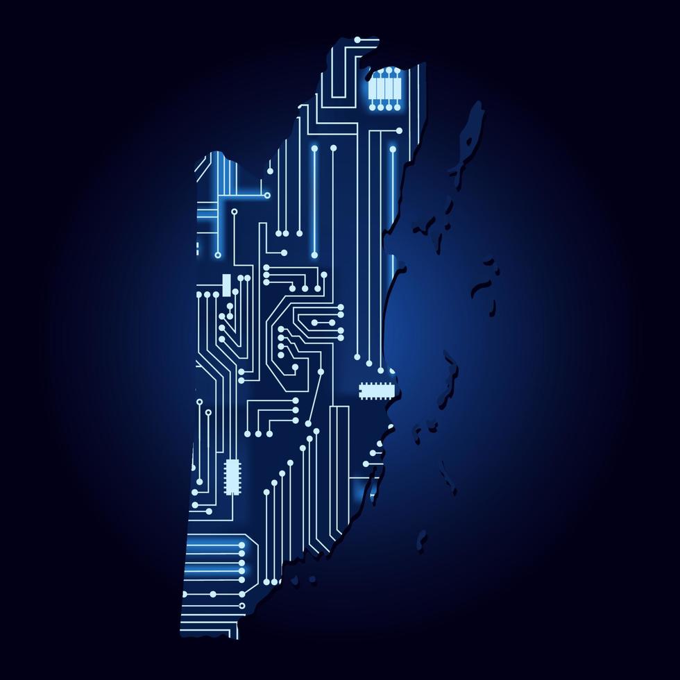 Map of Belize with electronic circuit. Contour map of Belize with a technological electronics circuit. vector