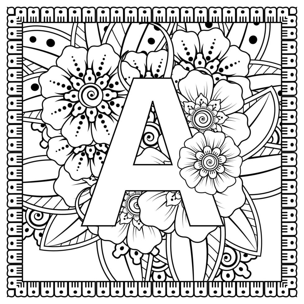 Letter A with Mehndi flower. decorative ornament in ethnic oriental style. coloring book page. vector