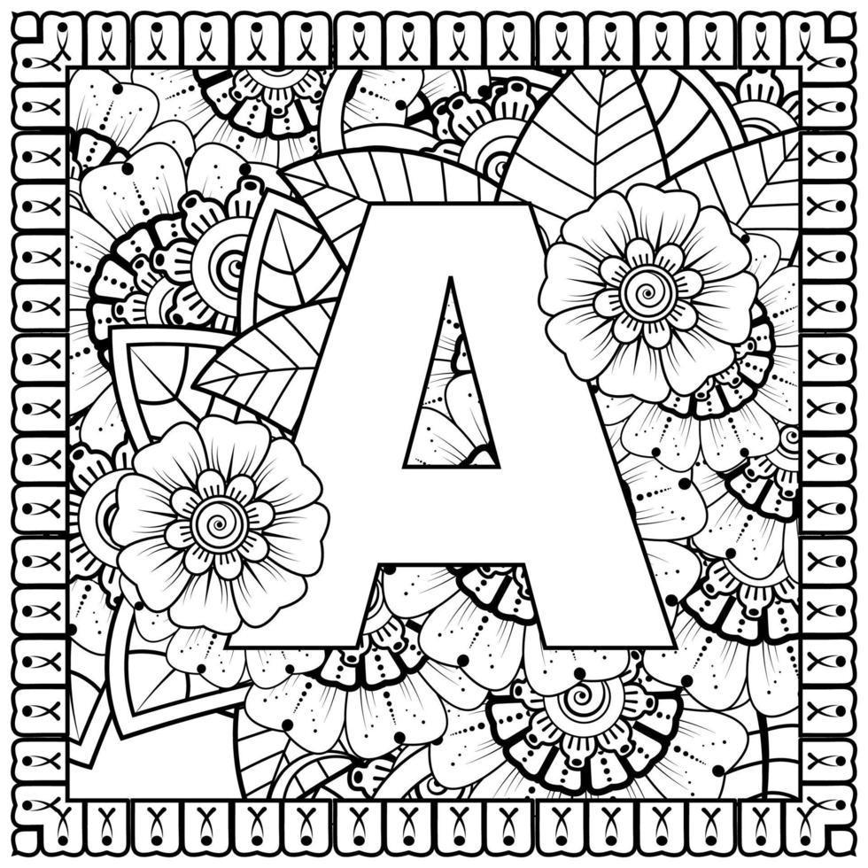 Letter A with Mehndi flower. decorative ornament in ethnic oriental style. coloring book page. vector