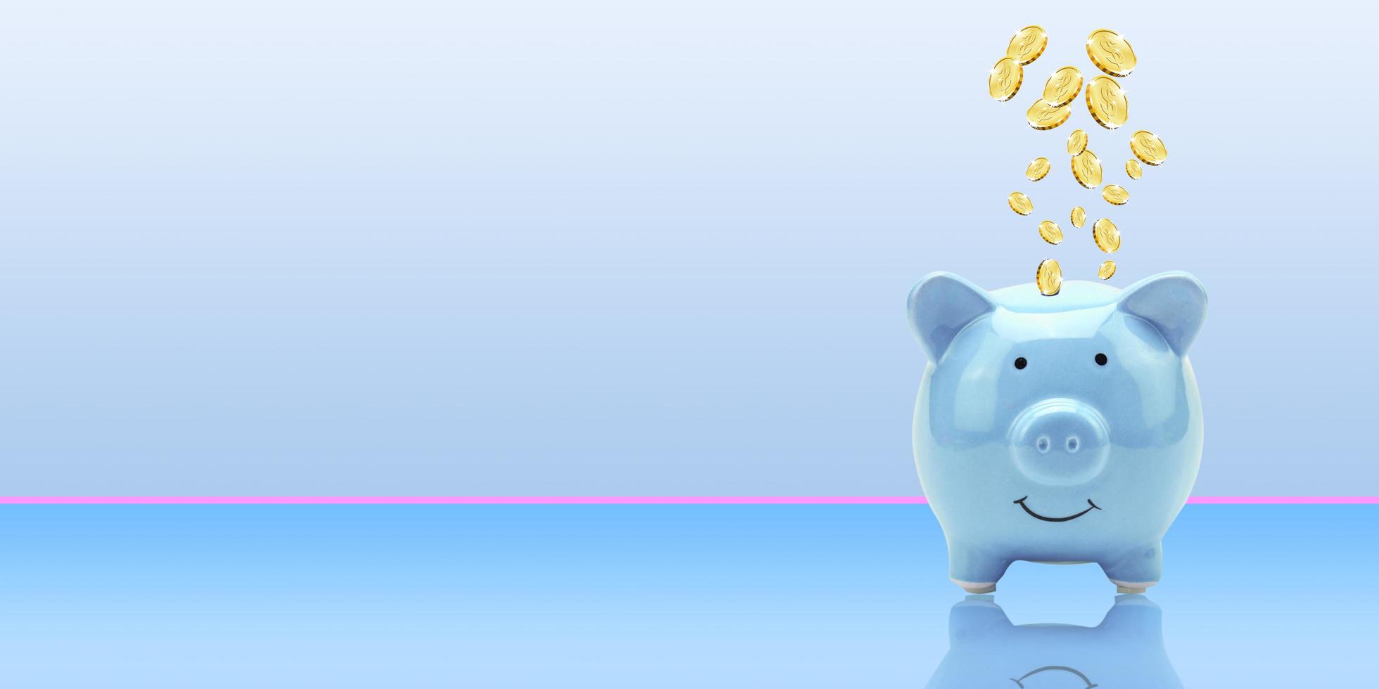 Coins flying and floating to piggy bank for creative financial saving a deposit concept with copy space, Business or finance saving money, Finance and banking advertising coins photo