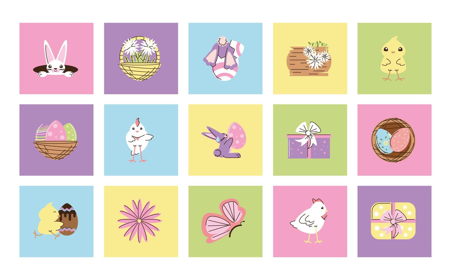 set happy easter decorative eggs rabbit basket season celebration vector