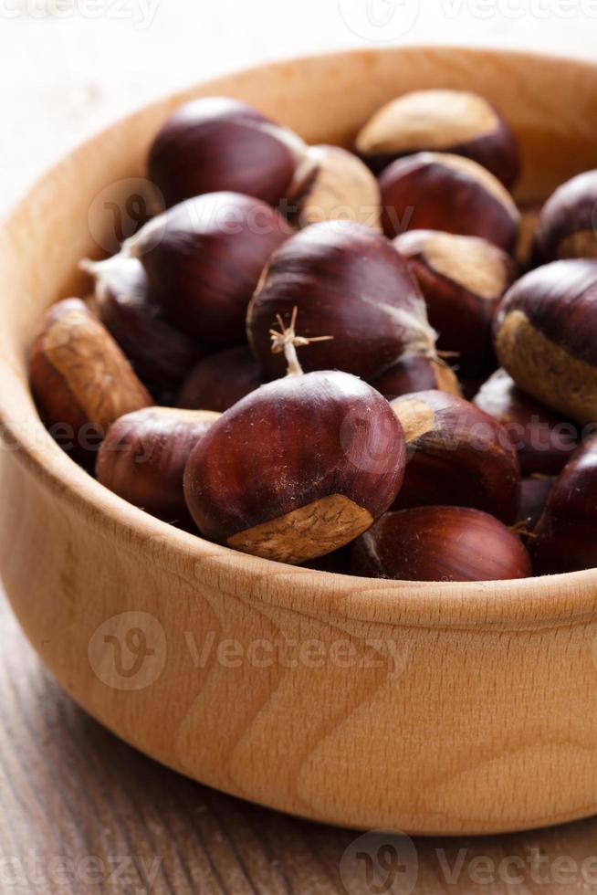 Chestnuts in wooden bowl photo