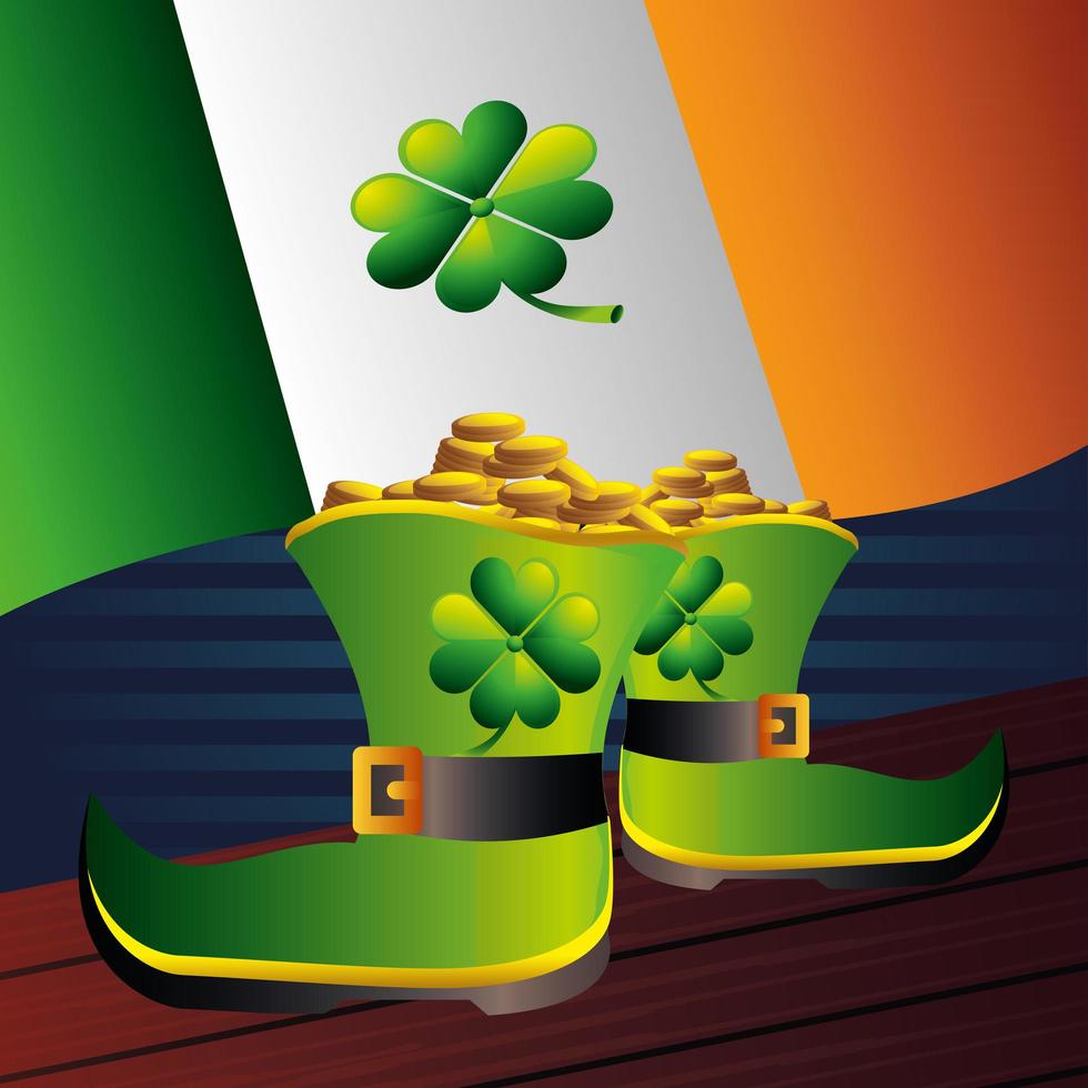 happy patricks day leprechaun boots with coins clovers and irish flag detailed vector