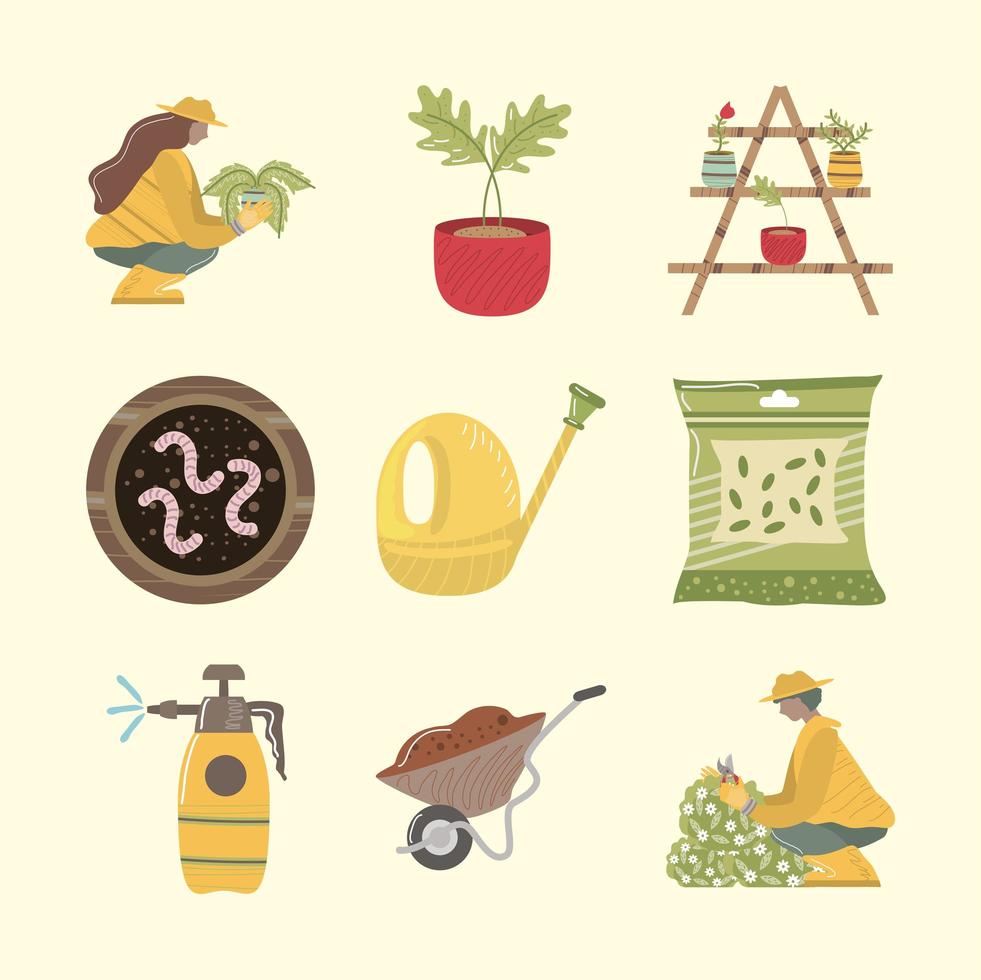 home garden icons gardener plant wheelbarrow seeds vector