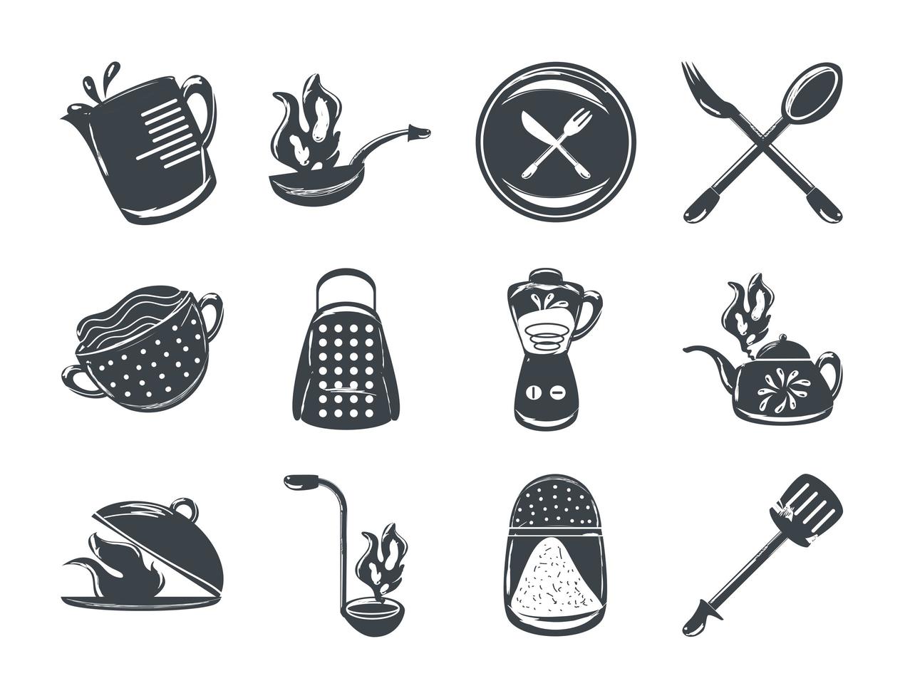El juego de cubiertos y utensilios de cocina incluye una espátula, una licuadora, un tenedor y una cuchara. vector