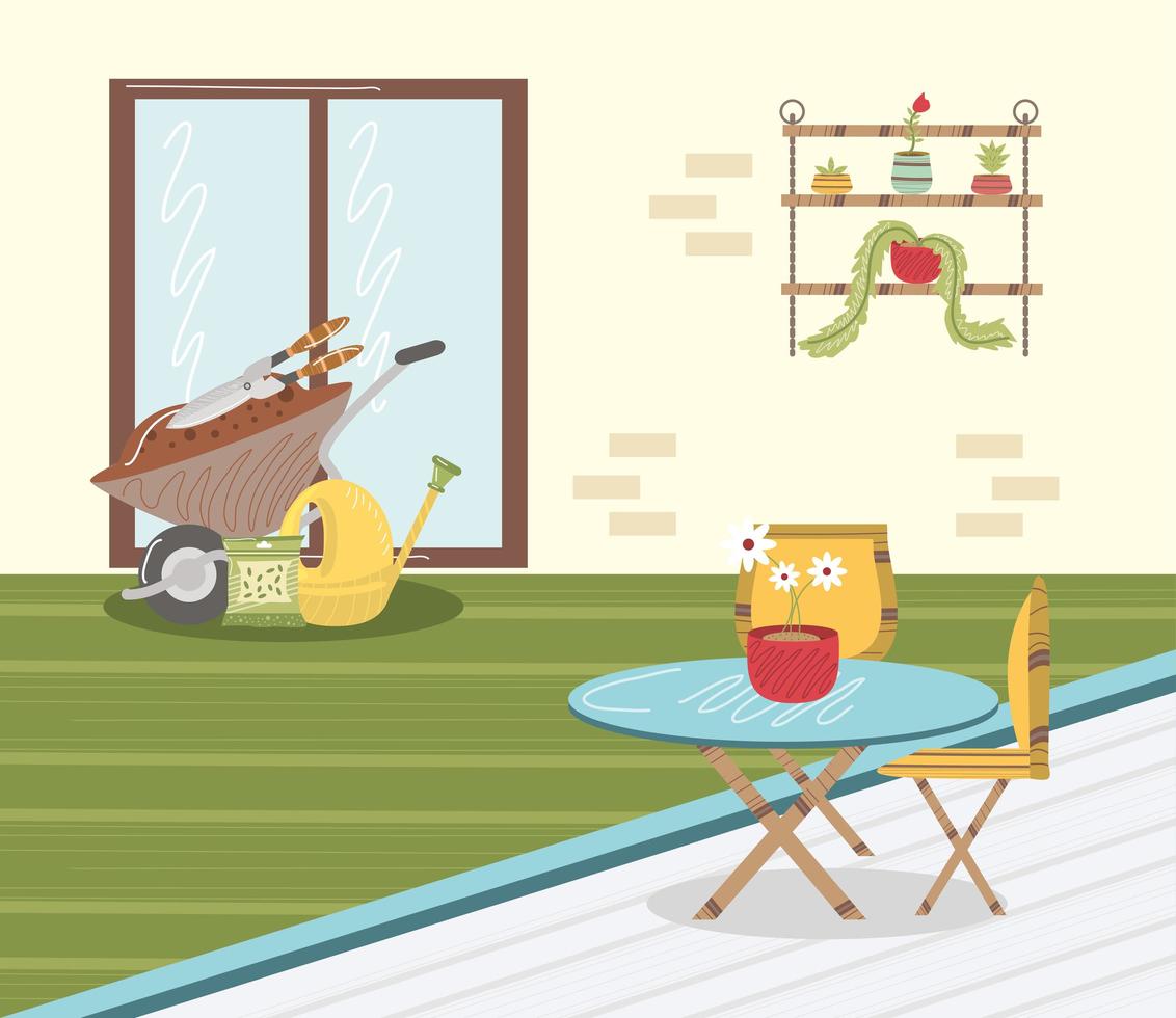 home garden wheelbarrow table plants and watering can vector