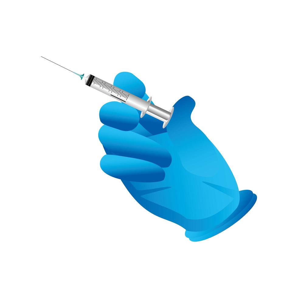 vacuna mundial, mano con jeringa protección de tratamiento médico contra covid 19 vector