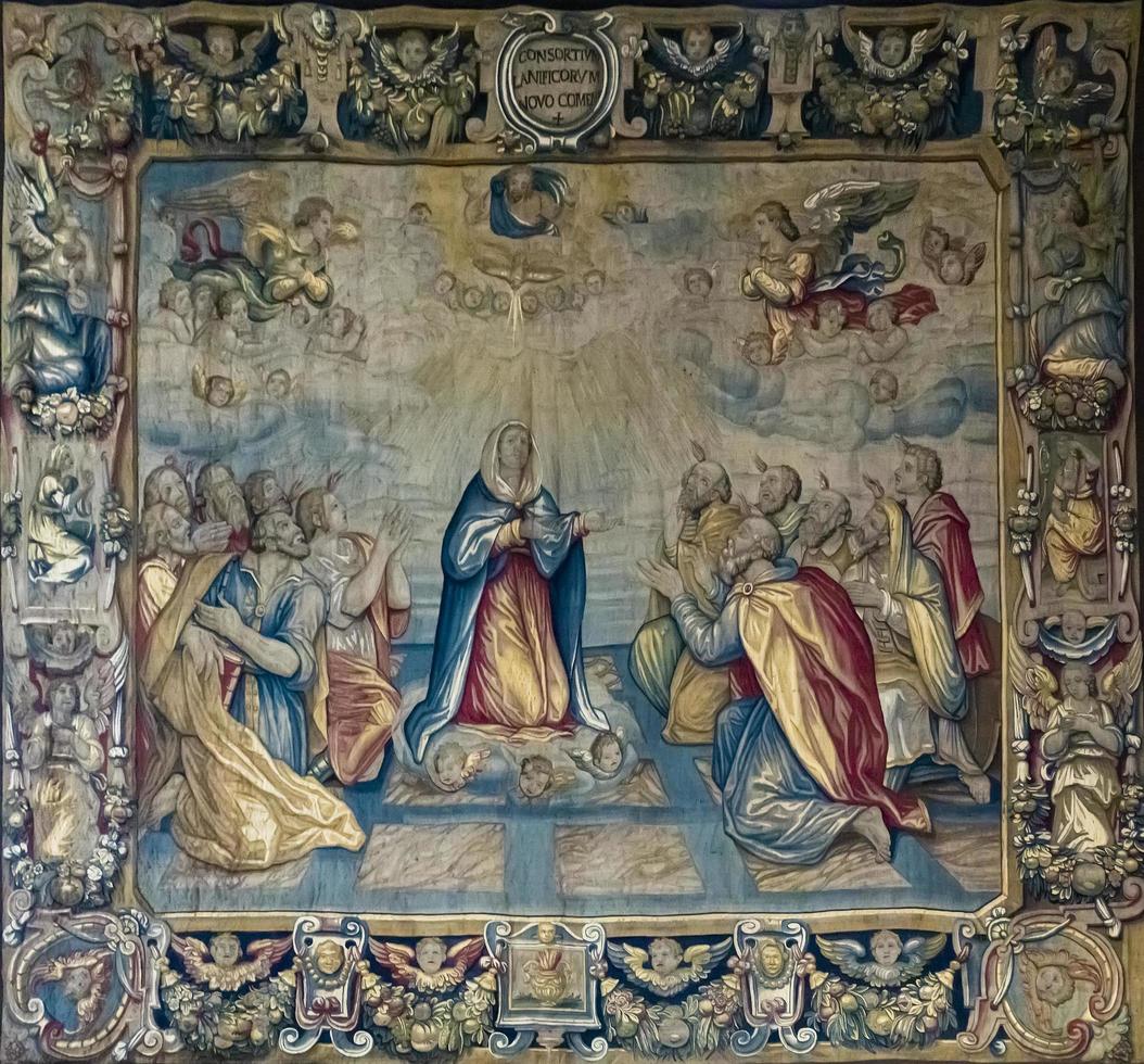 COMO, ITALY, APRIL 16, 2019 - Detail of the tapestry from Como Cathedral in Italy. Como Cathedral is the Roman Catholic cathedral opened at 1396. photo