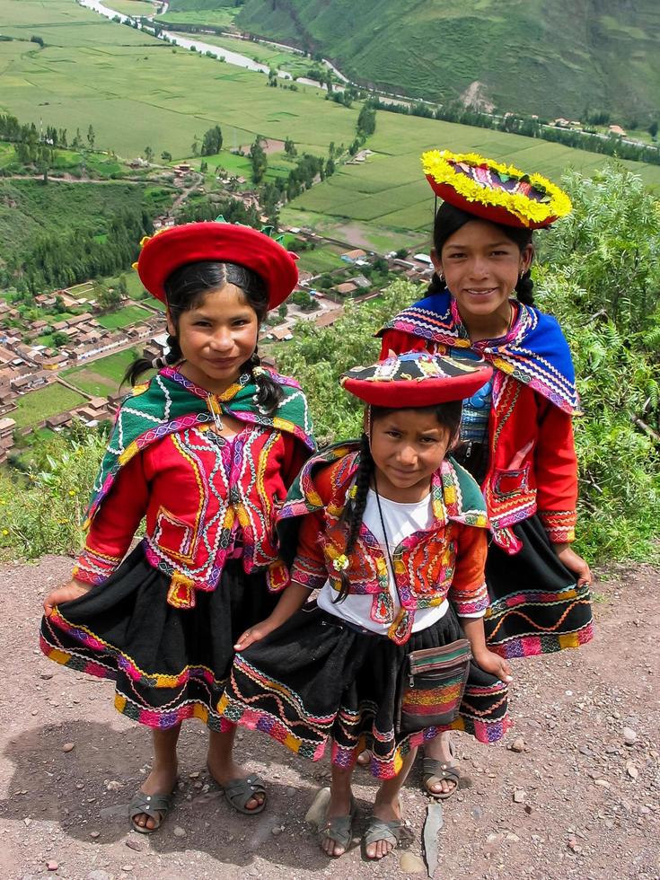 PISAC, PERU, MARCH 2, 2006 - Unidentified children at Mirador Taray near Pisac in Peru. Mirador Taray is a scenic vista along the highway overlooking Sacred Valley of the Incas. photo