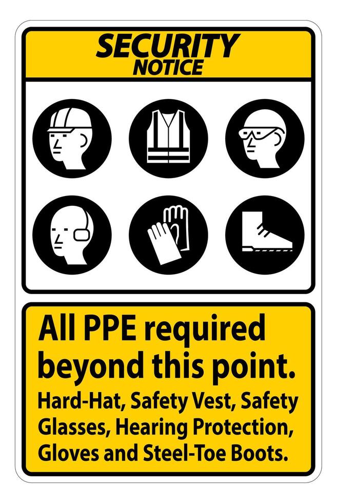 Security Notice PPE Required Beyond This Point. Hard Hat, Safety Vest, Safety Glasses, Hearing Protection vector