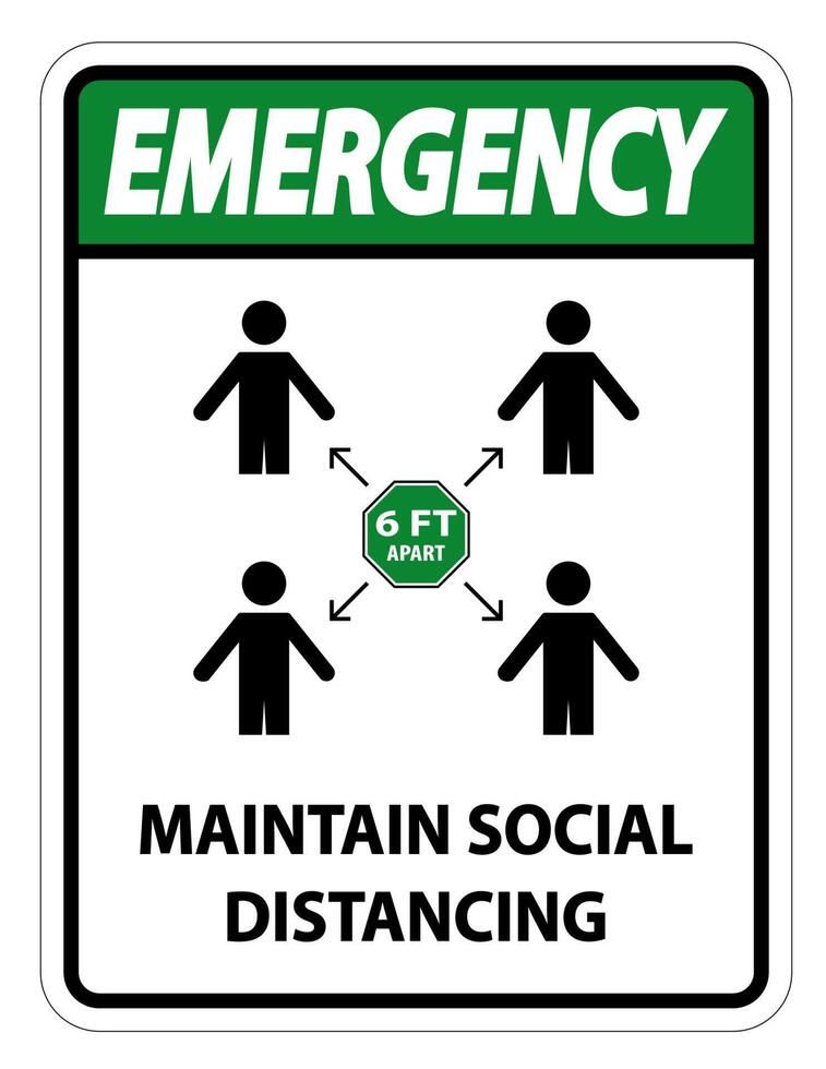 emergencia mantenga el distanciamiento social, manténgase a 6 pies de distancia, signo de coronavirus covid-19 aislado sobre fondo blanco, ilustración vectorial eps.10 vector