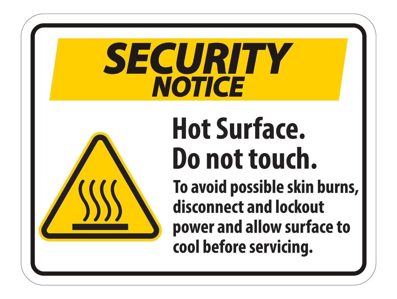 Hot Surface, Do Not Touch, To Avoid Possible Skin Burns, Disconnect And Lockout Power And Allow Surface To Cool Before Servicing Symbol Sign Isolate On White Background,Vector Illustration vector