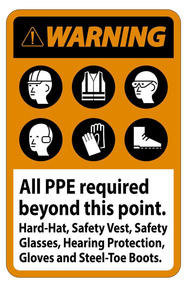 Warning PPE Required Beyond This Point. Hard Hat, Safety Vest, Safety Glasses, Hearing Protection vector