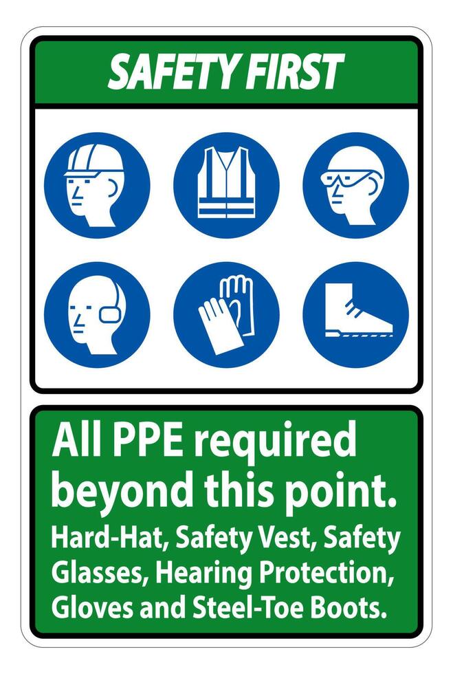 Safety First PPE Required Beyond This Point. Hard Hat, Safety Vest, Safety Glasses, Hearing Protection vector