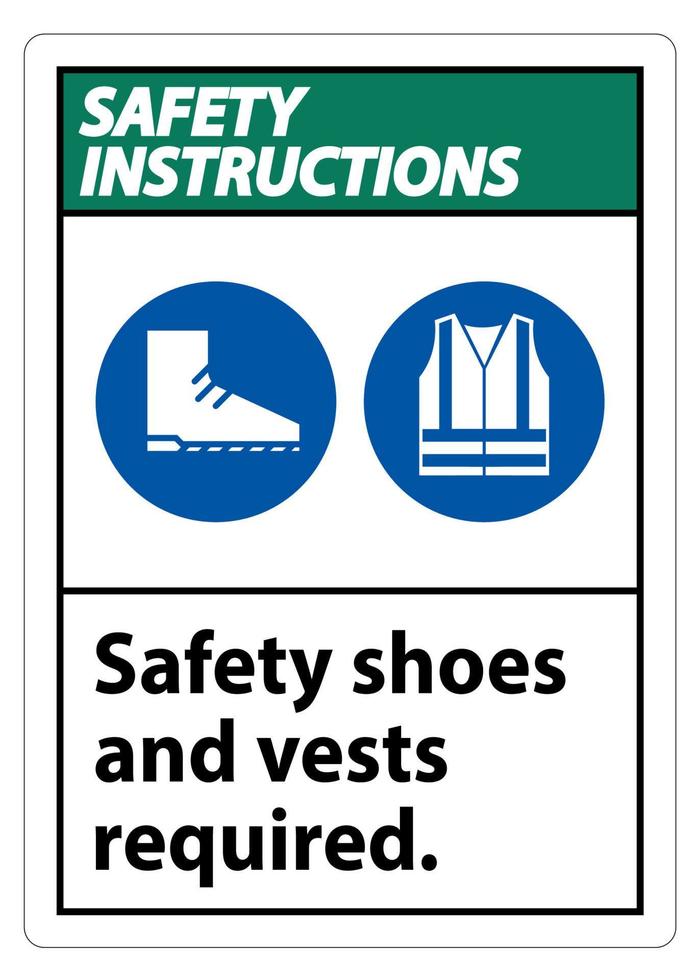 instrucciones de seguridad firman zapatos de seguridad y chaleco requeridos con símbolos de ppe sobre fondo blanco, ilustración vectorial vector