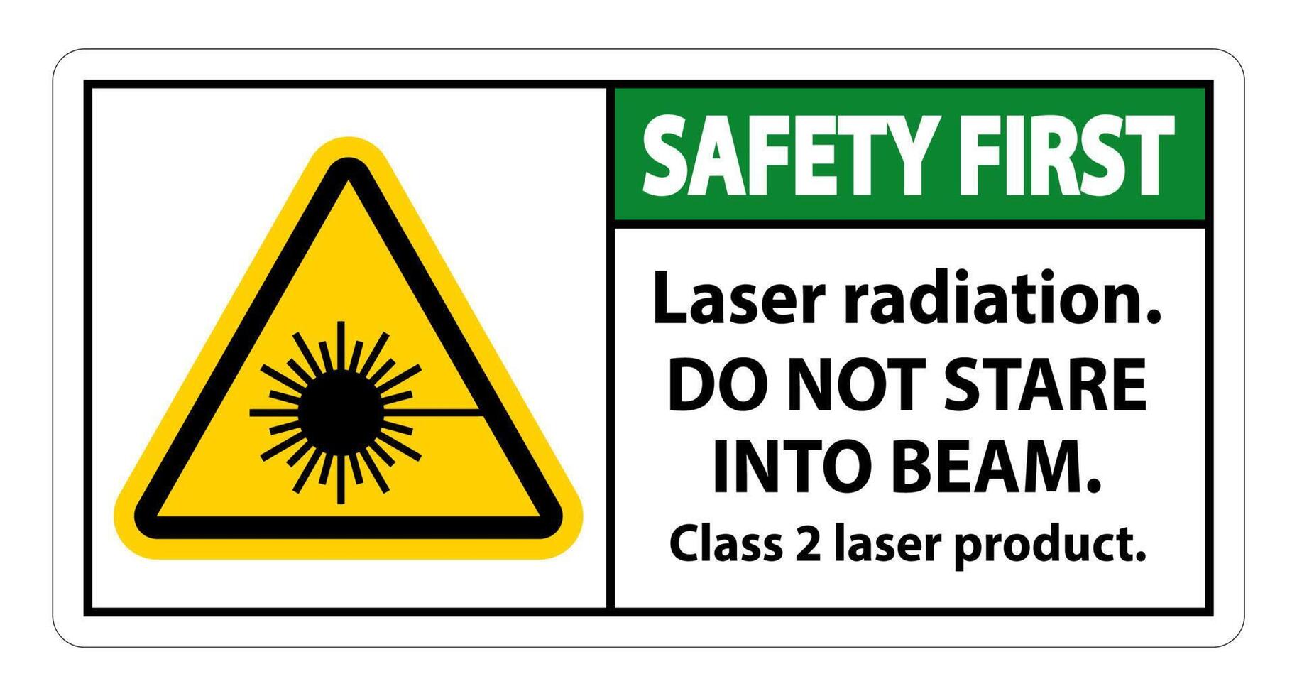 La seguridad es la primera radiación láser, no mire fijamente al rayo, señal de producto láser de clase 2 sobre fondo blanco. vector