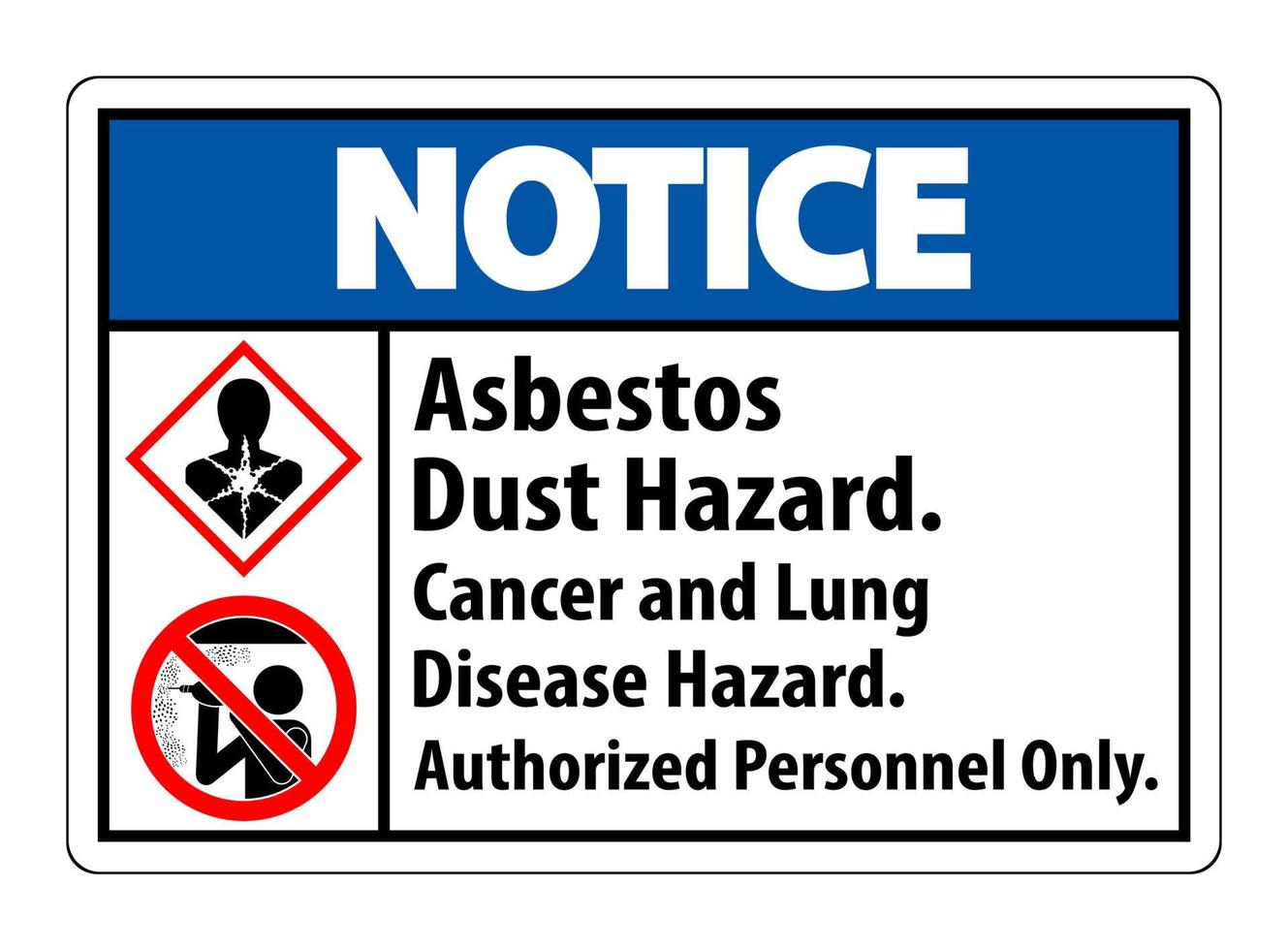 aviso etiqueta de seguridad, peligro de polvo de asbesto, riesgo de cáncer y enfermedad pulmonar solo personal autorizado vector