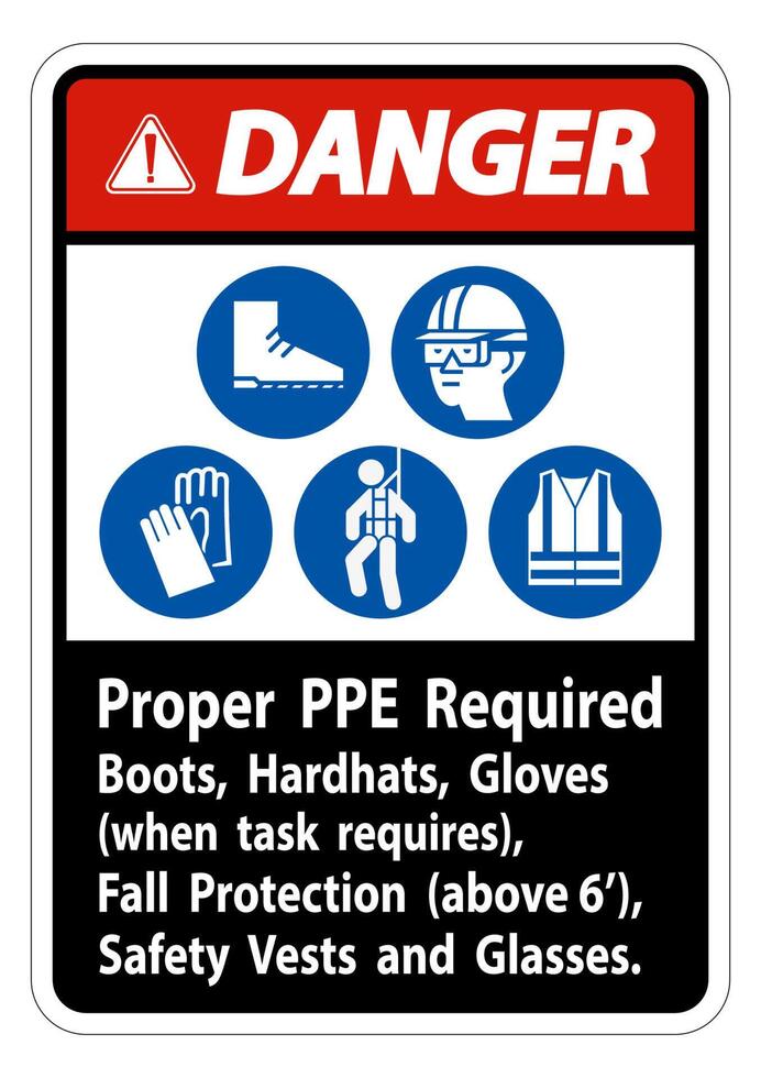 Danger Sign Proper PPE Required Boots, Hardhats, Gloves When Task Requires Fall Protection With PPE Symbols vector