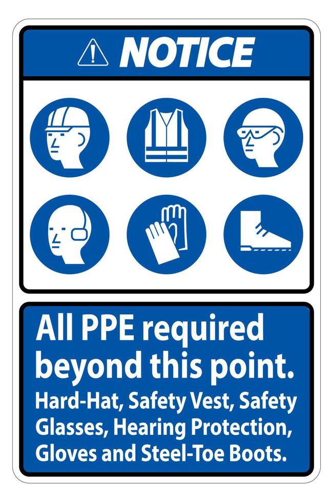 Notice PPE Required Beyond This Point. Hard Hat, Safety Vest, Safety Glasses, Hearing Protection vector