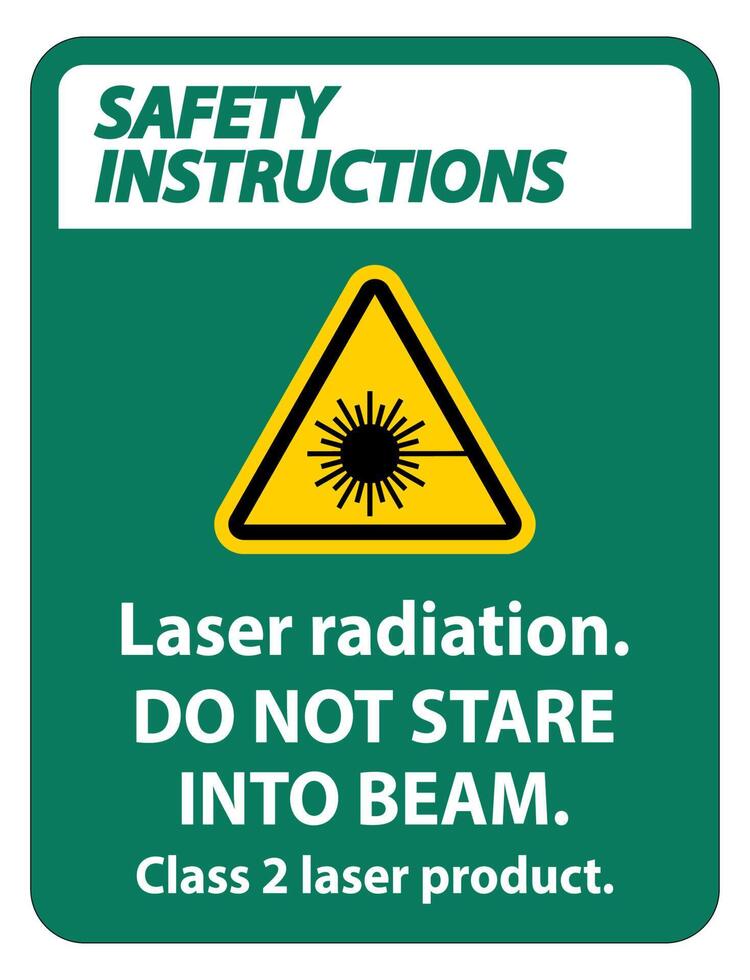 Instrucciones de seguridad radiación láser, no mire fijamente al rayo, señal de producto láser de clase 2 sobre fondo blanco. vector