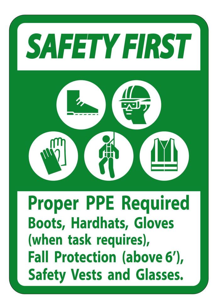 Safety First Sign Proper PPE Required Boots, Hardhats, Gloves When Task Requires Fall Protection With PPE Symbols vector