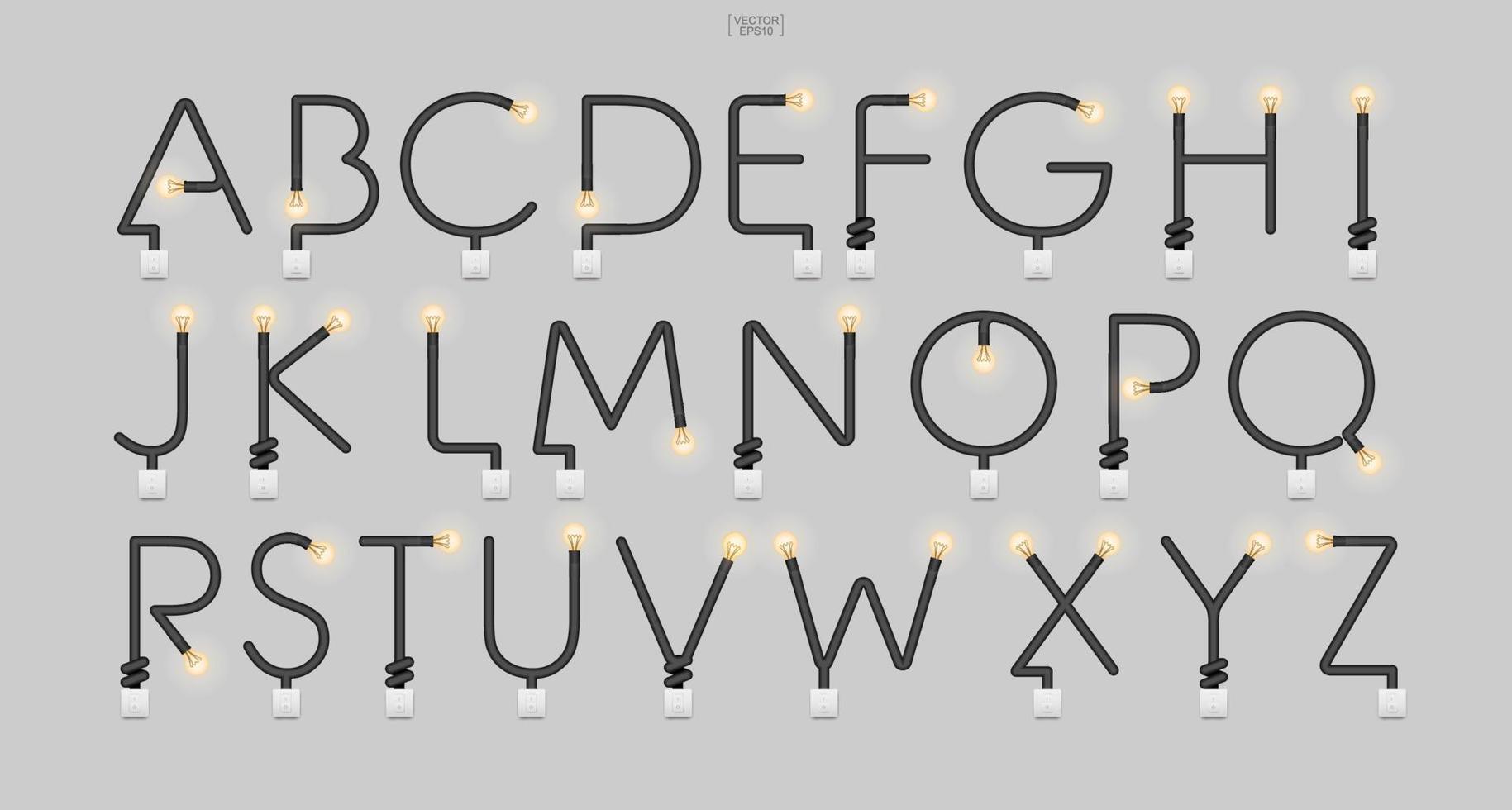 alfabeto y números de loft. Signo de alfabeto abstracto y símbolo de bombilla e interruptor de luz sobre fondo gris. vector. vector