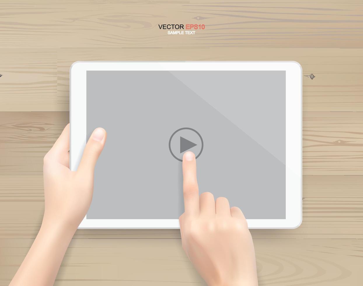 Hand holding and touch screen tablet computer on white wooden background. Vector. vector