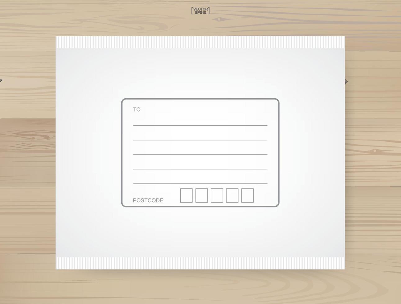 Paquete de envío atado con área para escribir dirección sobre fondo de madera. sobre de papel blanco para entrega online. vector. vector