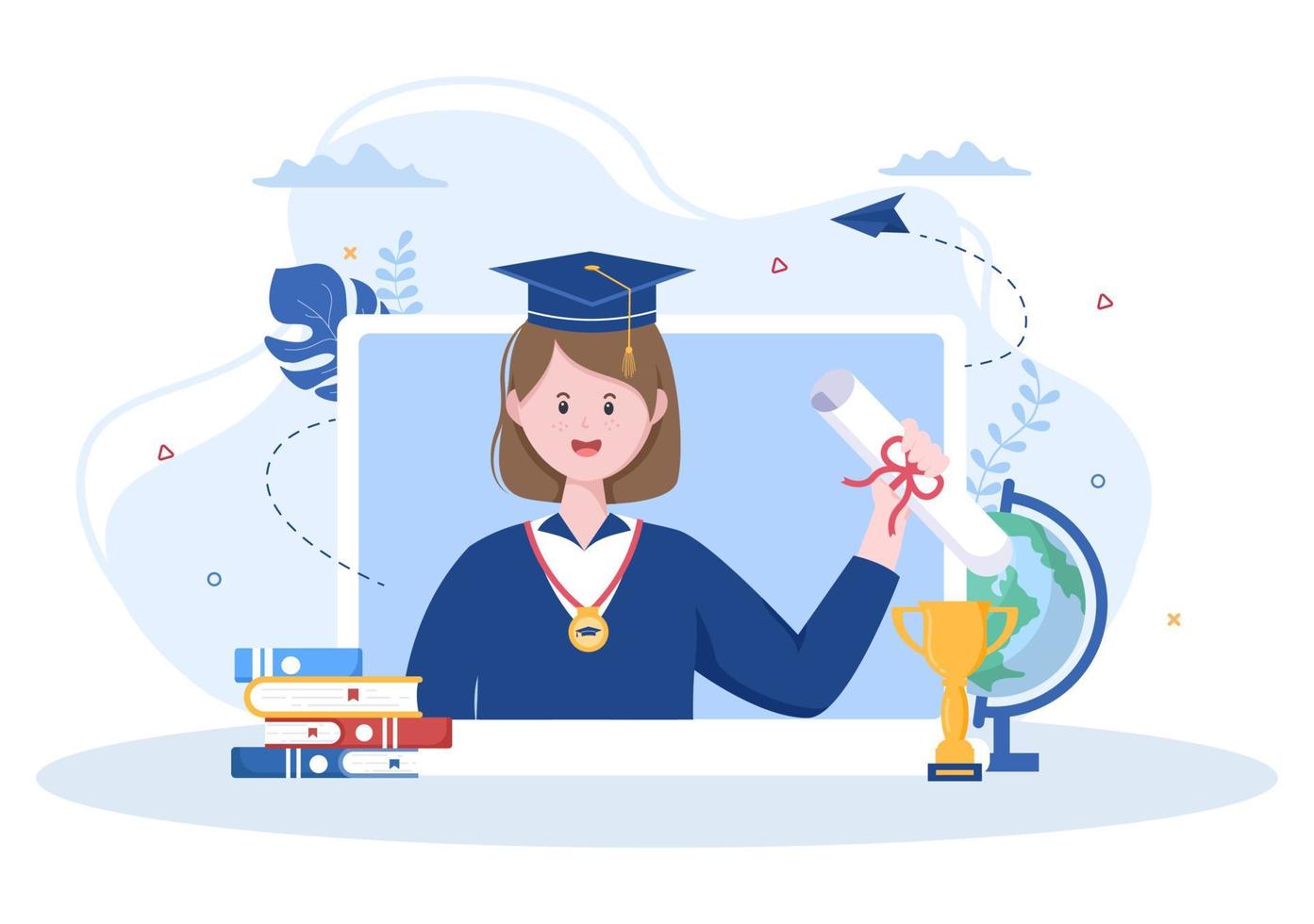 Online Virtual Graduation Day of Students Celebrating Background Vector Illustration Wearing Academic Dress, Graduate Cap and Holding Diploma in Communicate Via Video