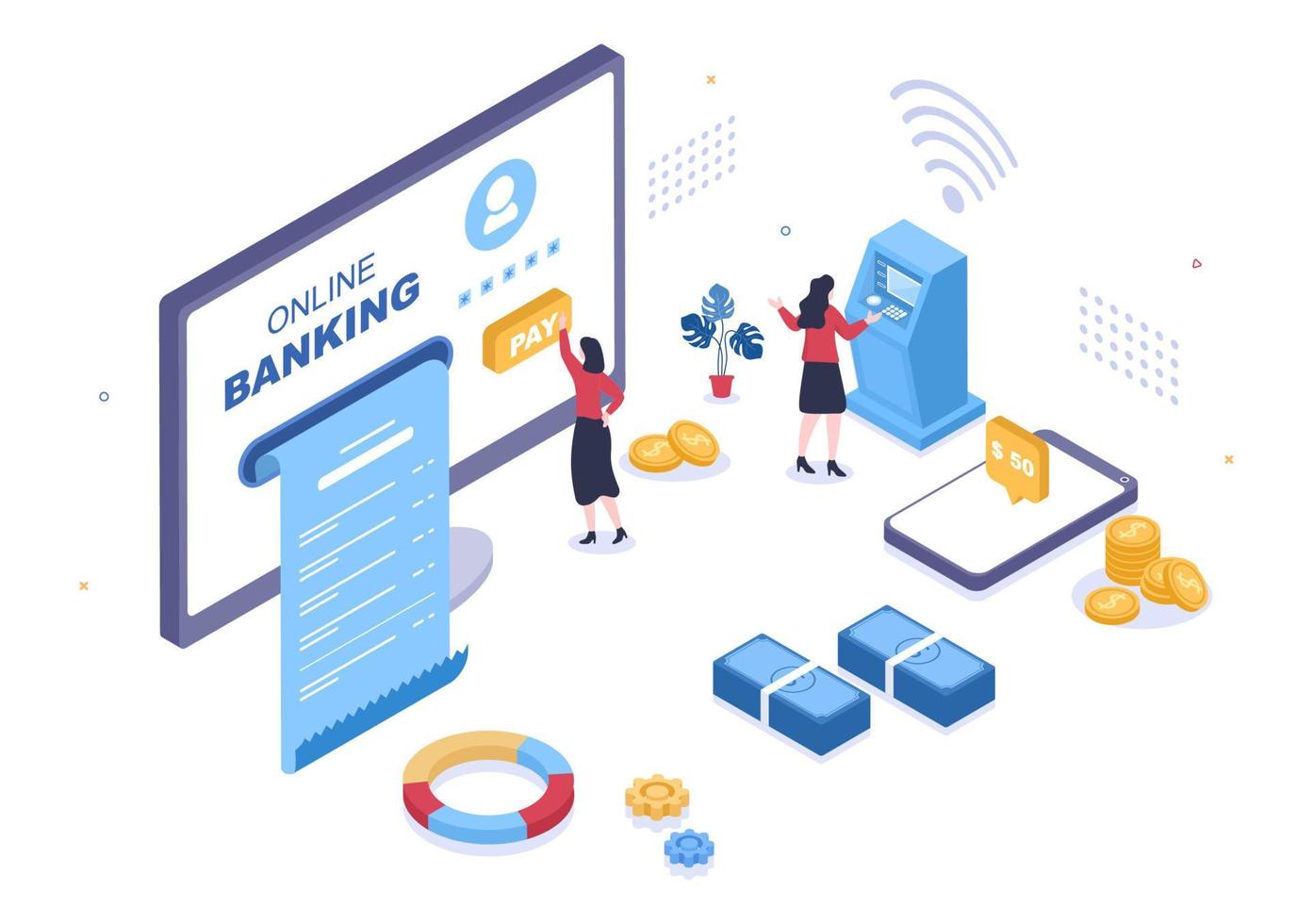 Online E-Banking App, Wallet or Bank Credit Card Vector Illustration with Technology, Data Protection, and Payment Security for Digital Payments Through Smartphones