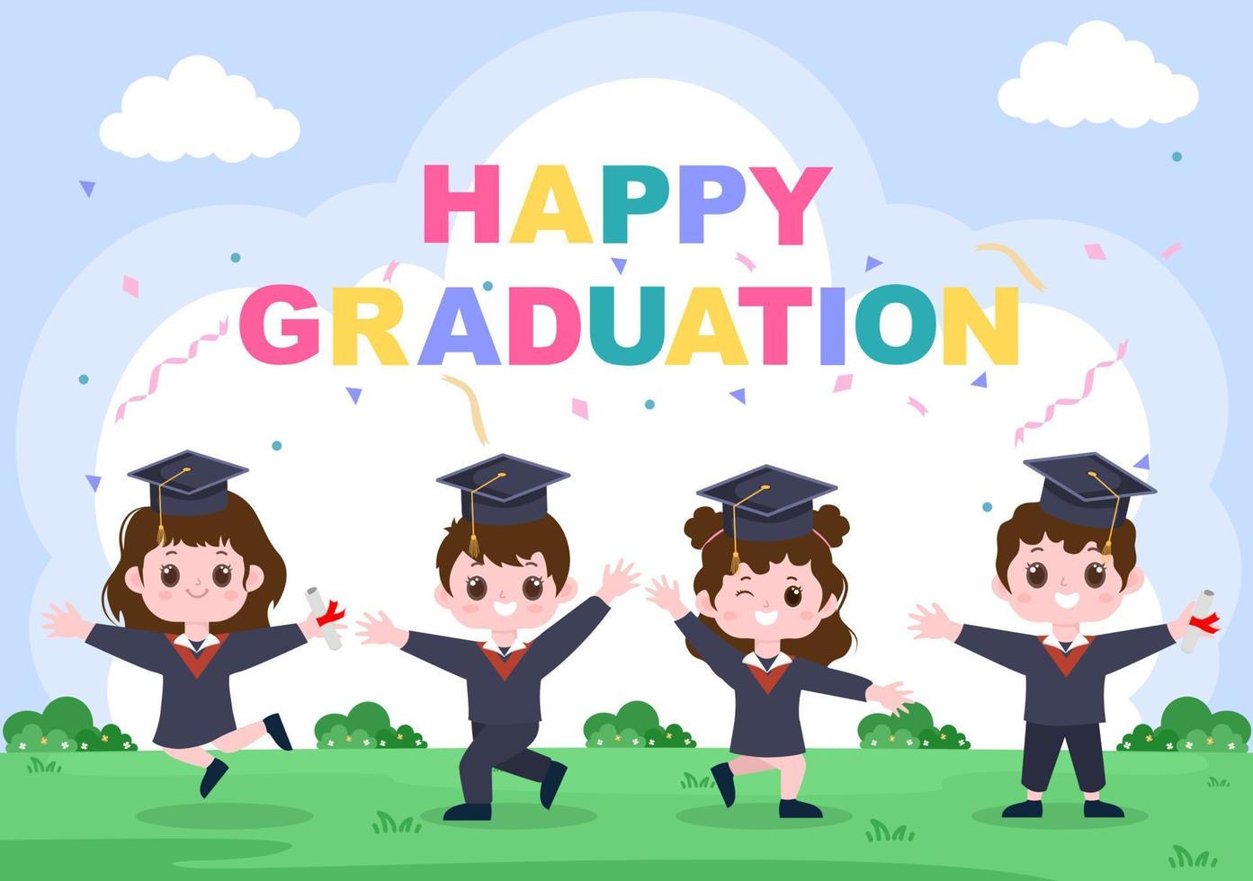 Happy Graduation Day of Students Celebrating Background Vector Illustration Wearing Academic Dress, Graduate Cap and Holding Diploma in Flat Style