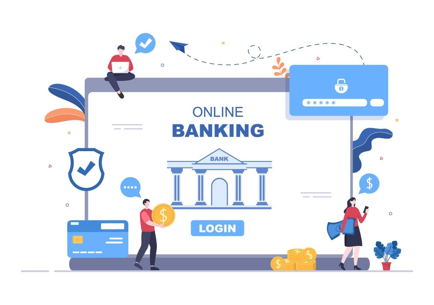 Ilustración de vector de aplicación de banca electrónica en línea, billetera o tarjeta de crédito bancaria con tecnología, protección de datos y seguridad de pago para pagos digitales a través de teléfonos inteligentes