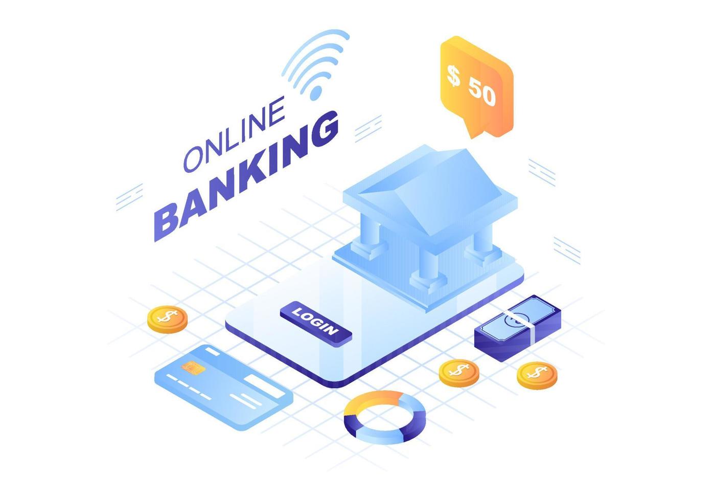 Online E-Banking App, Wallet or Bank Credit Card Vector Illustration with Technology, Data Protection, and Payment Security for Digital Payments Through Smartphones