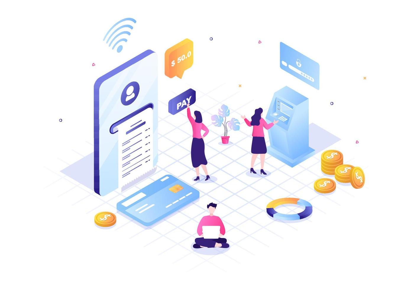 Online E-Banking App, Wallet or Bank Credit Card Vector Illustration with Technology, Data Protection, and Payment Security for Digital Payments Through Smartphones