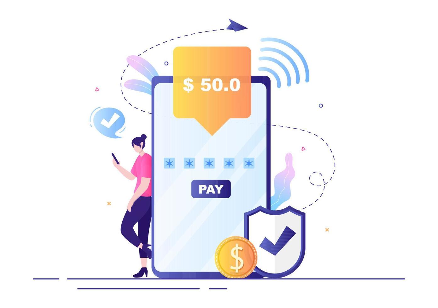 Online E-Banking App, Wallet or Bank Credit Card Vector Illustration with Technology, Data Protection, and Payment Security for Digital Payments Through Smartphones