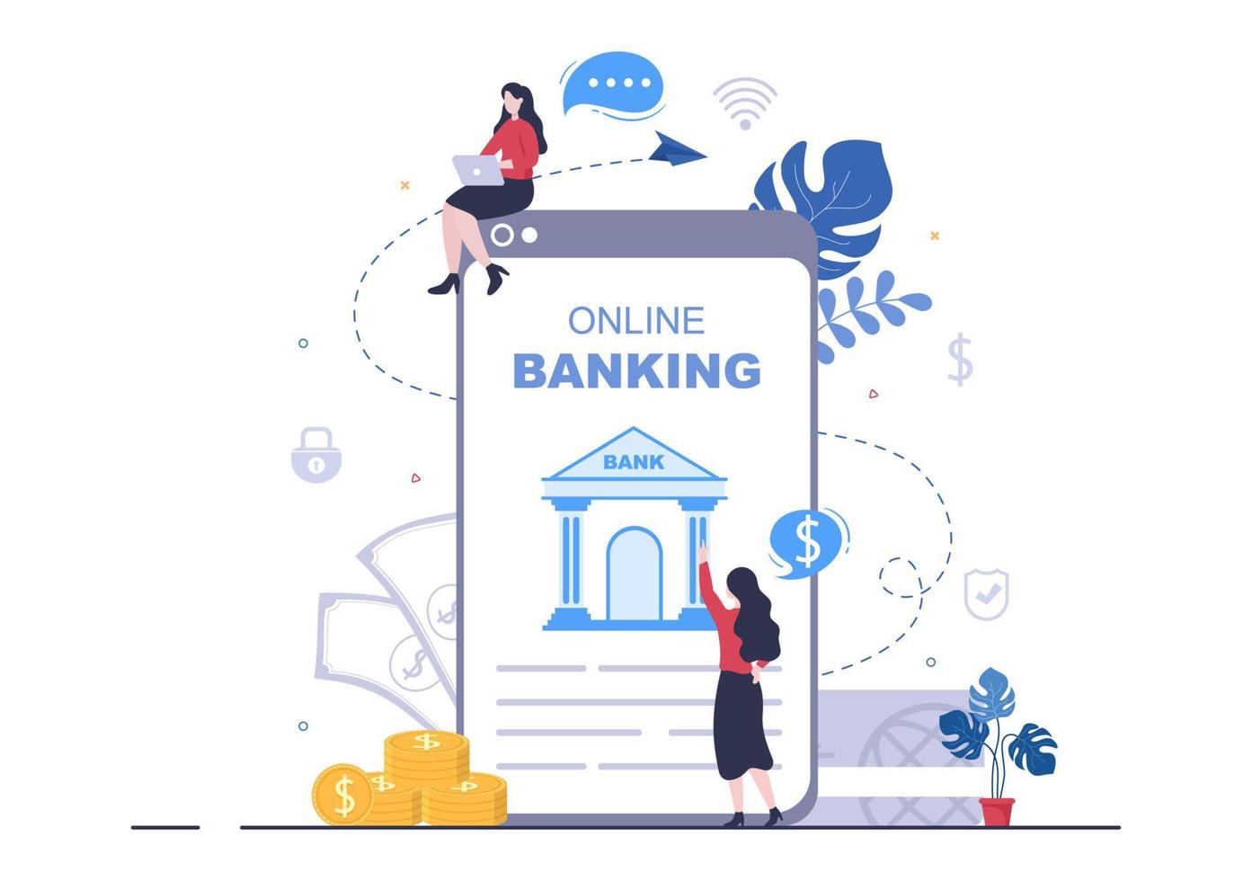 Online E-Banking App, Wallet or Bank Credit Card Vector Illustration with Technology, Data Protection, and Payment Security for Digital Payments Through Smartphones